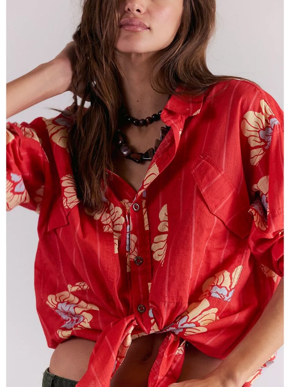 Free People Red Floral Button-Down Shirt - Picture 5 of 8